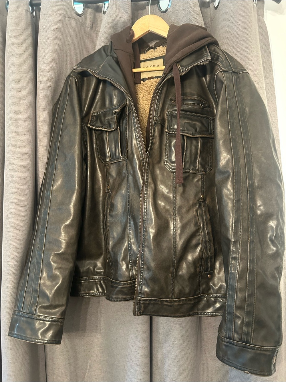 Sonoma Brown Faux Leather Bomber Jacket with Hood